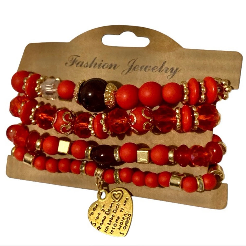Bracelet Set 4 PC Handmade Boho Red Natural Stone Beaded Heart Charm 
Stackable - Picture 5 of 11